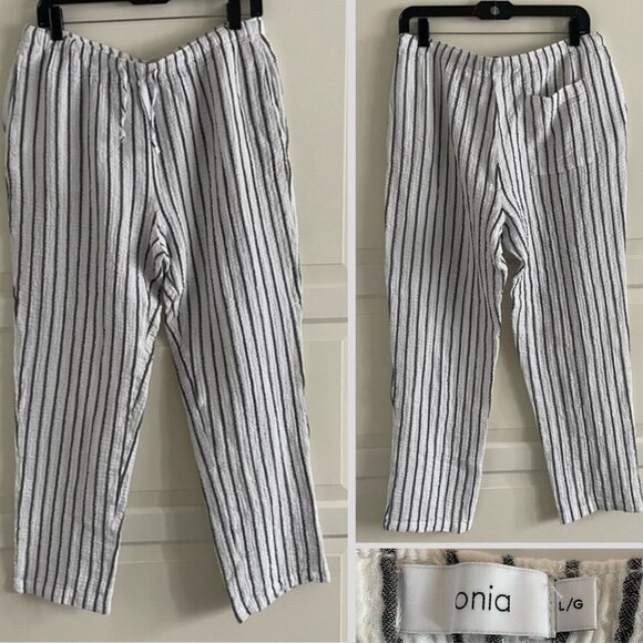 Onia White Striped Cotton Gauze Crinkled Drawstring Tapered Pants 20302 - Picture 1 of 10